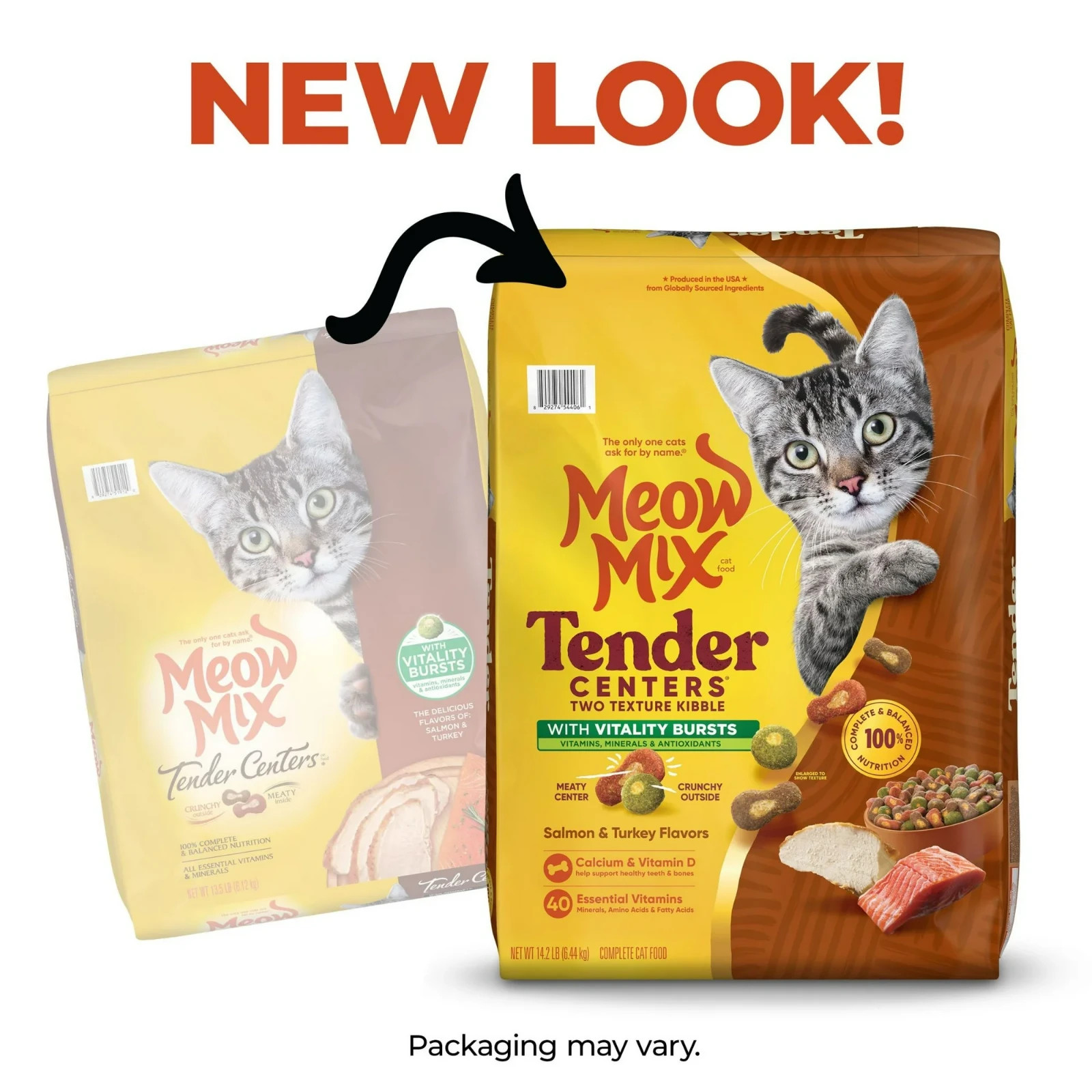 2 Packs Meow Mix Tender Centers Vitality Bursts, Dry Cat Food, 14.2 lb. Bag