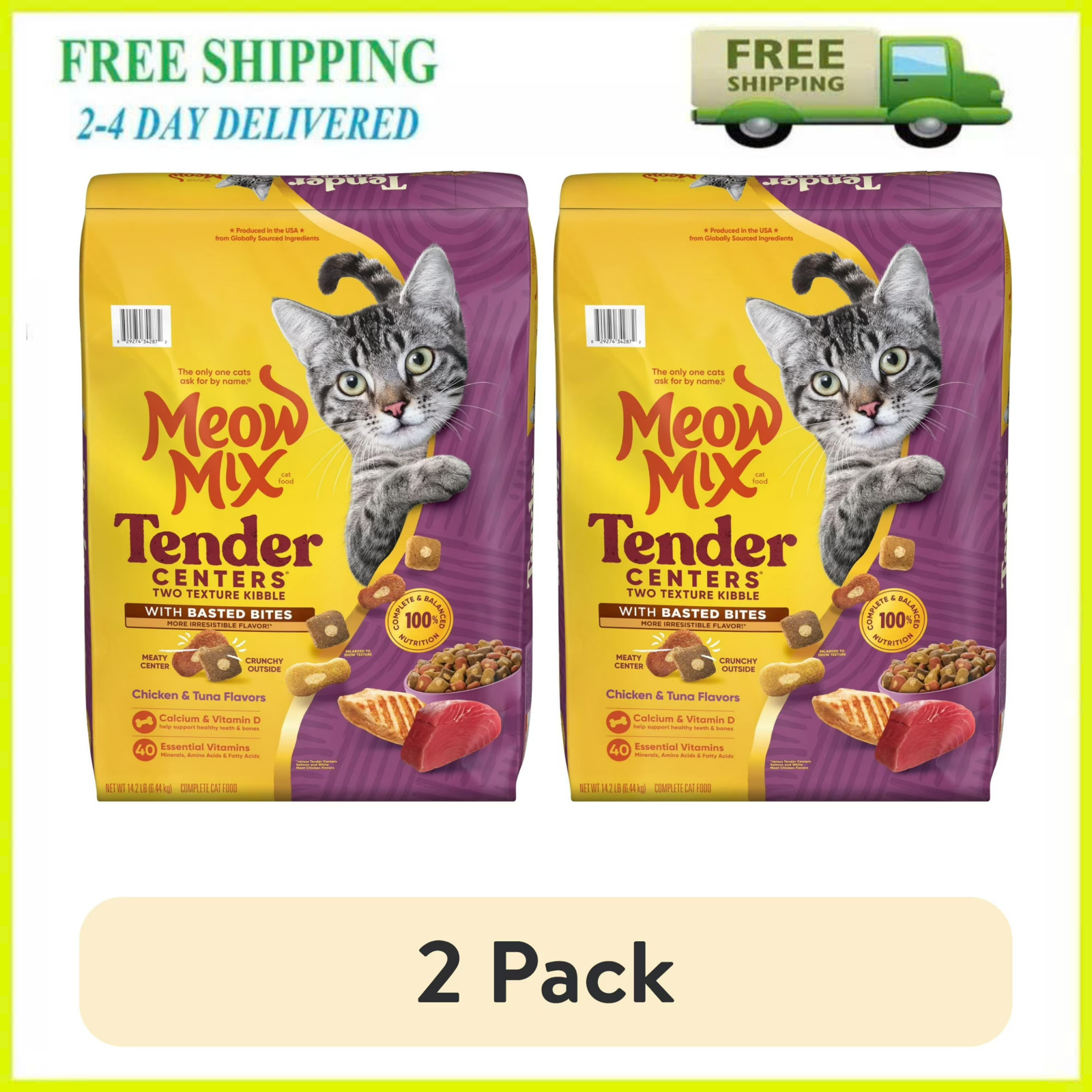 (2 Pack) Meow Mix Tender Centers Dry Cat Food Chicken & Tuna 14.2 lb Bags 28.4lb