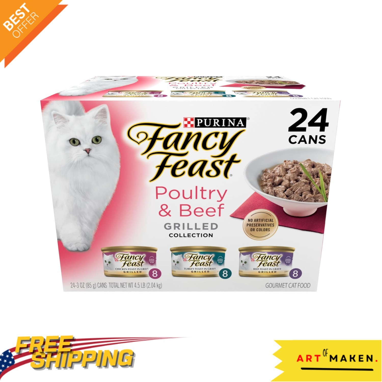Delicious Grilled Poultry & Beef Cat Food – 24 Cans – No Artificial Colors