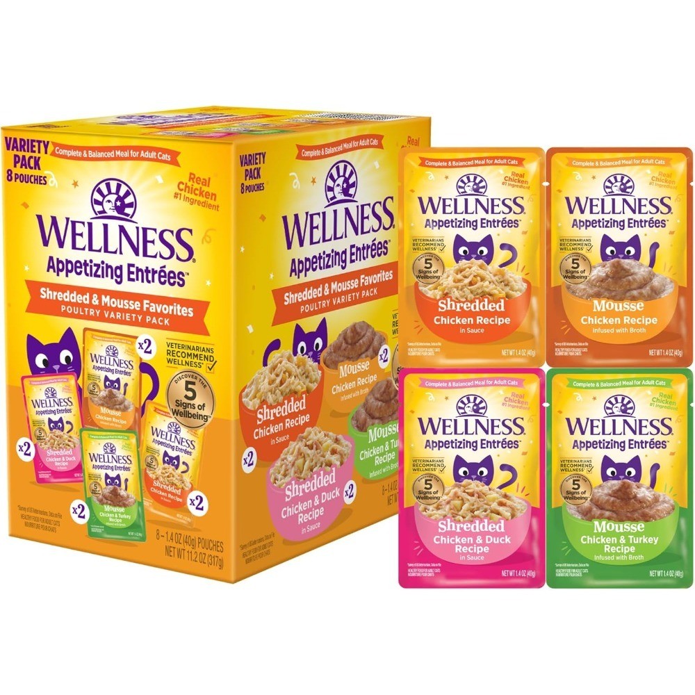 Grain Free Wet Cat Food Pouch Variety Pack Natural Protein Rich Shredded Mousse