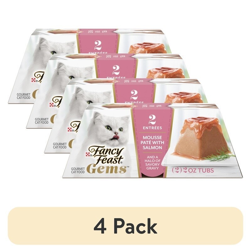 4 Pack Wet Cat Food Mousse Salmon Gravy Pate All Breeds Easy Serve 2oz Tubs New