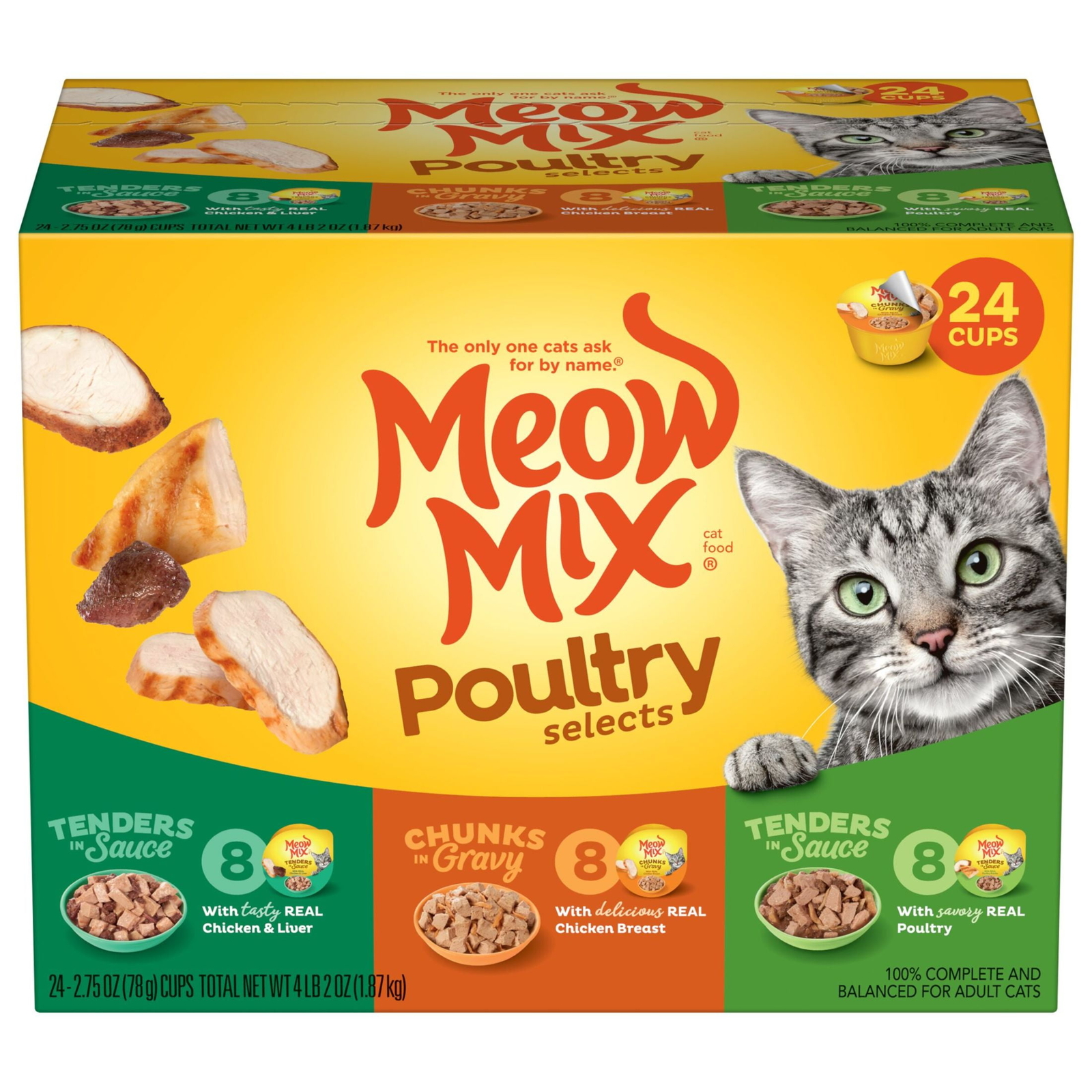 Wet Cat Food Variety Pack, Poultry Selects, 24 Cups, 2.75 oz Each.new，